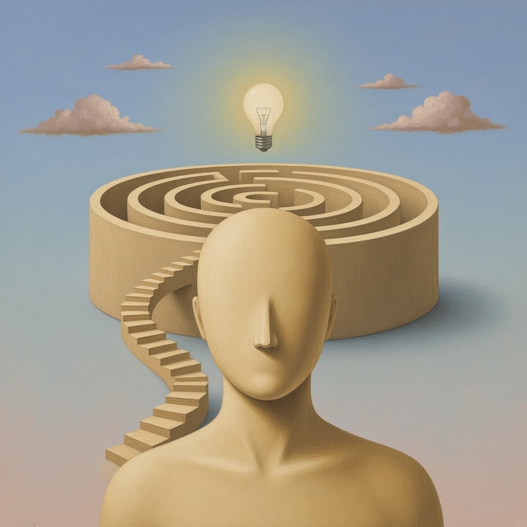 A faceless figure standing before a circular maze, with a winding staircase and a glowing lightbulb above