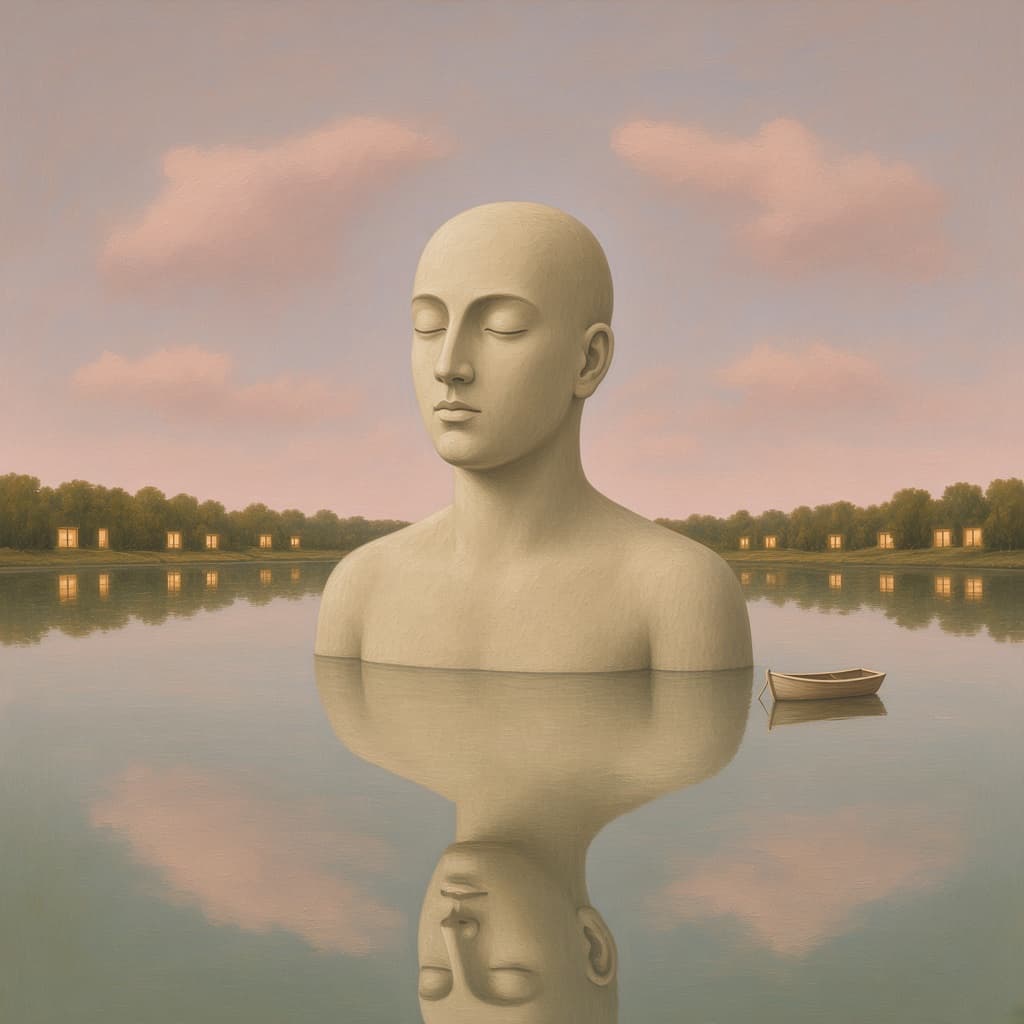 A colossal serene statue standing in still water, with a small boat and glowing windows along the shore