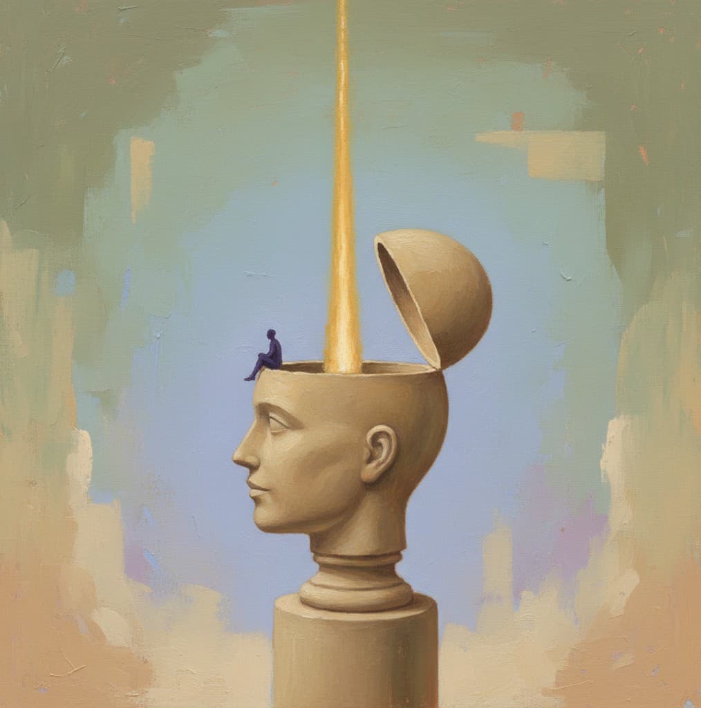 A stone bust with an open head, a small figure seated on the rim, and a beam of light rising from inside