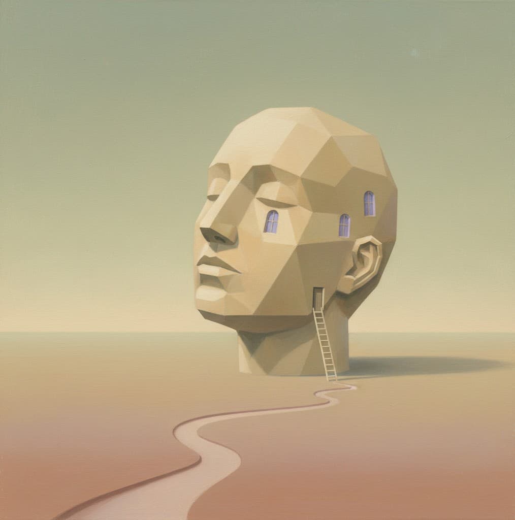 A faceted head in an open landscape, with a ladder leading to a door in the jaw